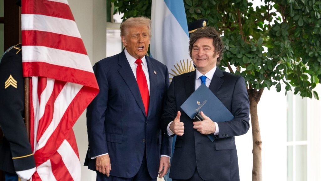 President Donald Trump, left, welcomes President Javier Milei of Argentina to the White House on Oct. 14, 2025. Argentina and the United States signed a sweeping trade agreement on Thursday, Feb. 5, 2026, a key victory for Milei, who has forged close ties with Trump. (Doug Mills/The New York Times)