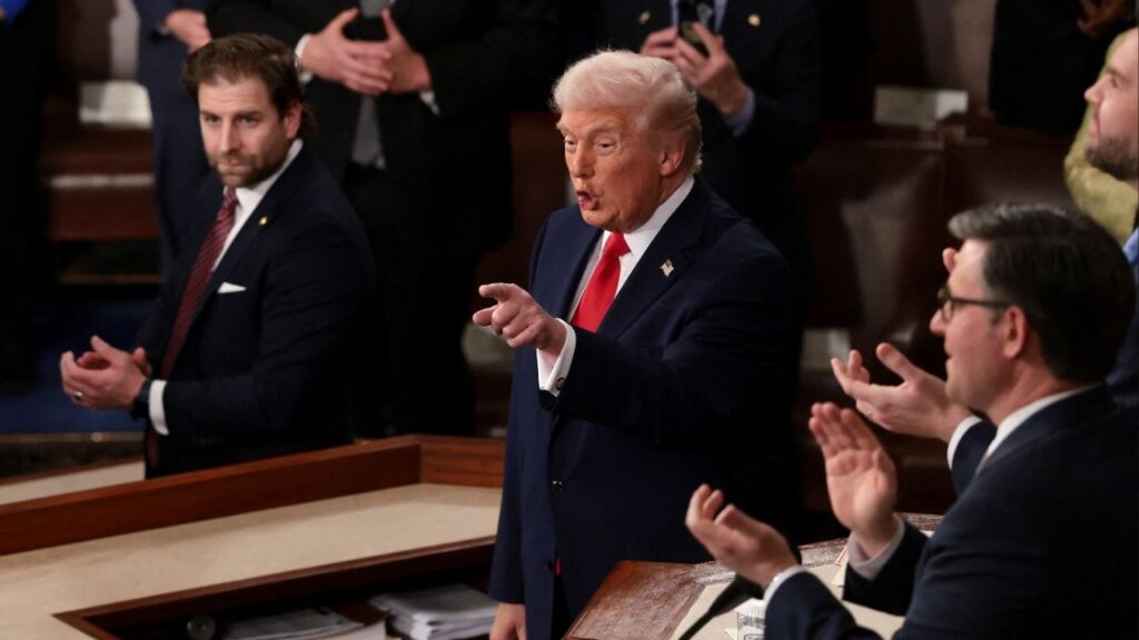 President Donald Trump points during the State of the Union address to a joint session of Congress at the U.S. Capitol in Washington, D.C., U.S., February 24, 2026. (Reuters/Evelyn Hockstein)