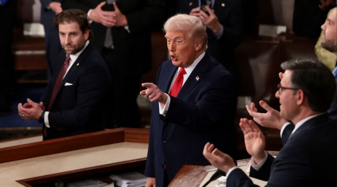President Donald Trump points during the State of the Union address to a joint session of Congress at the U.S. Capitol in Washington, D.C., U.S., February 24, 2026. (Reuters/Evelyn Hockstein)