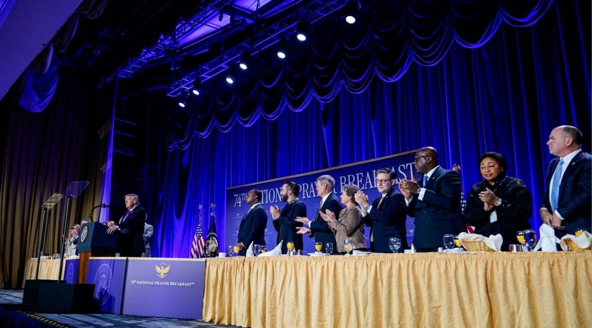 President Donald Trump receives a standing ovation as he speaks during the National Prayer Breakfast in Washington, D.C., U.S., February 5, 2026. (Reuters/Al Drago)