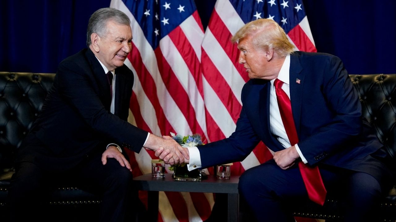 President Donald Trump shakes hands with Uzbekistan President Shavkat Mirziyoyev as they meet during the 80th United Nations General Assembly, in New York City, New York, U.S., September 23, 2025. (Reuters File)
