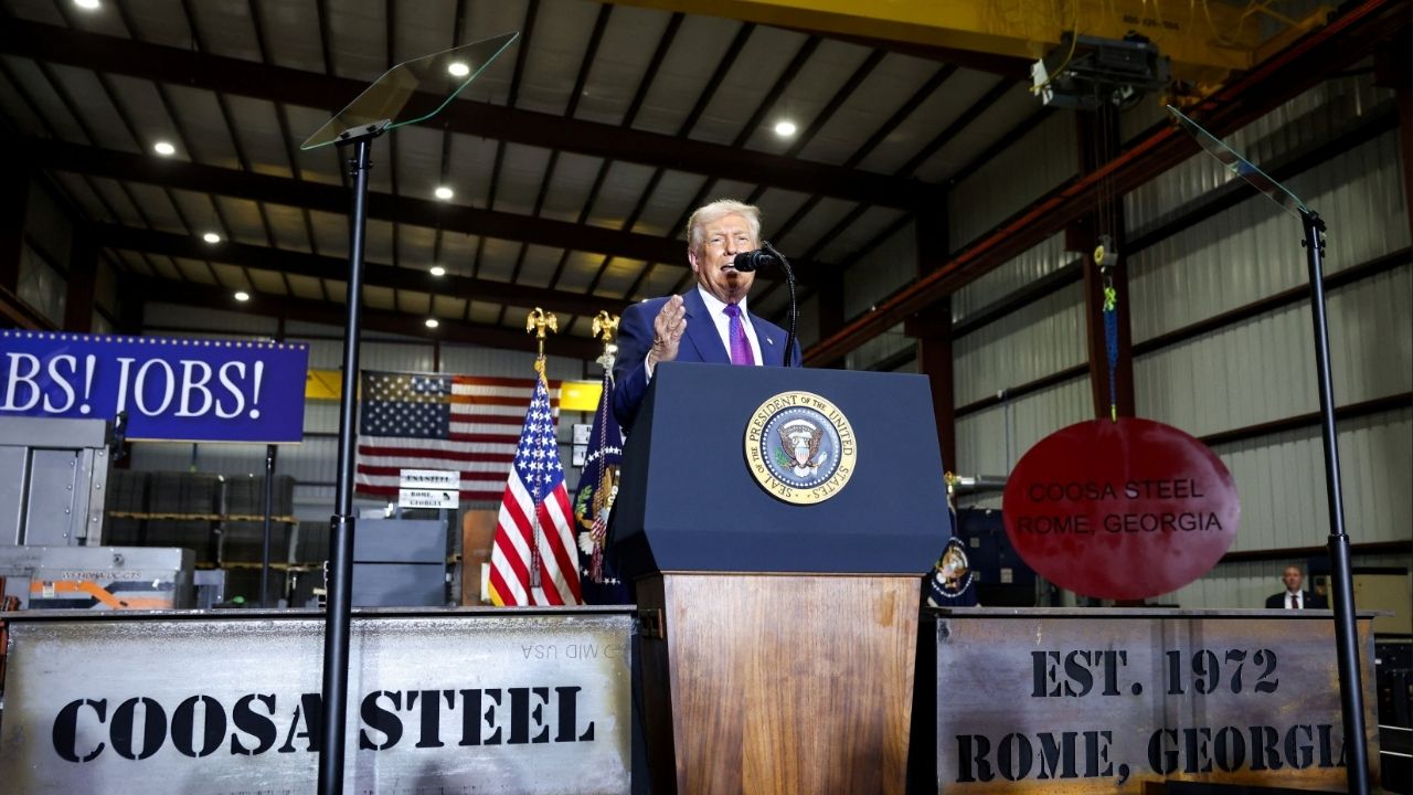 President Donald Trump speaks, as he visits Coosa Steel Corporation in Rome, Georgia, U.S., February 19, 2026. (Reuters/Kevin Lamarque)
