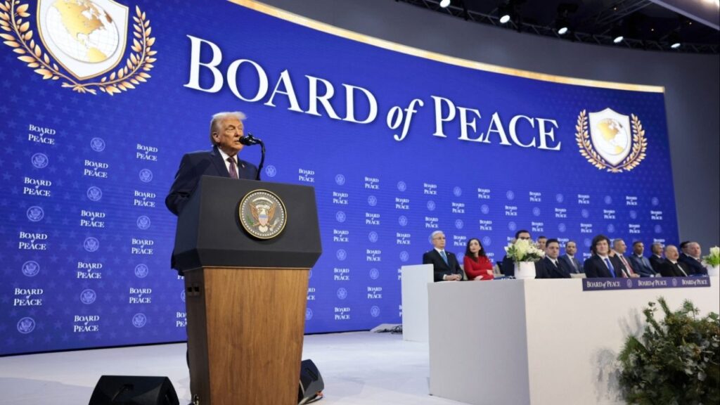 President Donald Trump speaks during a charter announcement for his Board of Peace initiative aimed at resolving global conflicts, alongside the 56th annual World Economic Forum (WEF), in Davos, Switzerland, January 22, 2026. (Reuters/Jonathan Ernst)