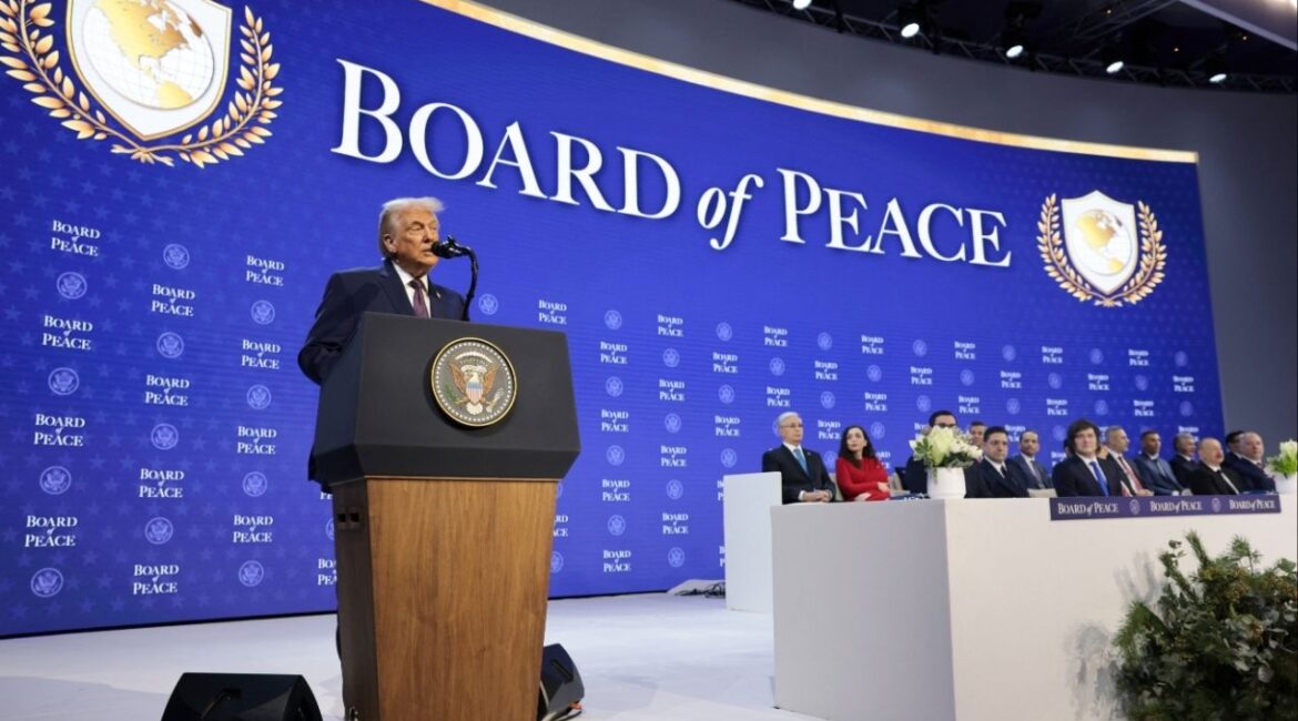 President Donald Trump speaks during a charter announcement for his Board of Peace initiative aimed at resolving global conflicts, alongside the 56th annual World Economic Forum (WEF), in Davos, Switzerland, January 22, 2026. (Reuters/Jonathan Ernst)