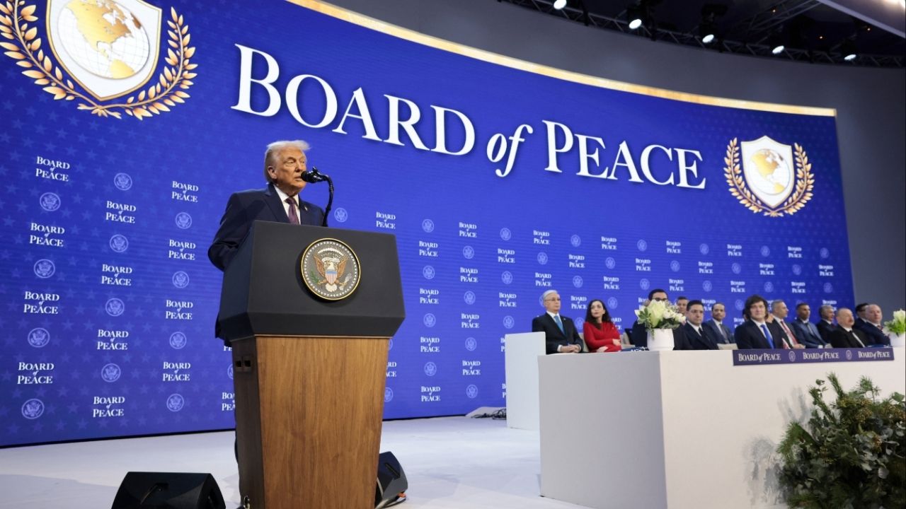 President Donald Trump speaks during a charter announcement for his Board of Peace initiative aimed at resolving global conflicts, alongside the 56th annual World Economic Forum (WEF), in Davos, Switzerland, January 22, 2026. (Reuters/Jonathan Ernst)