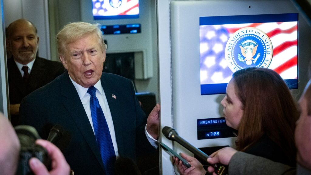 President Donald Trump speaks to reporters aboard Air Force One, en route to Palm Beach, Fla., on Friday, Feb. 6, 2026. Trump told reporters here that talks with Iran were off to a “good start,” and that he was in “no rush” to make a deal. Iran, he said, would have to agree to “no nuclear weapons.” (Pete Maravich/The New York Times)