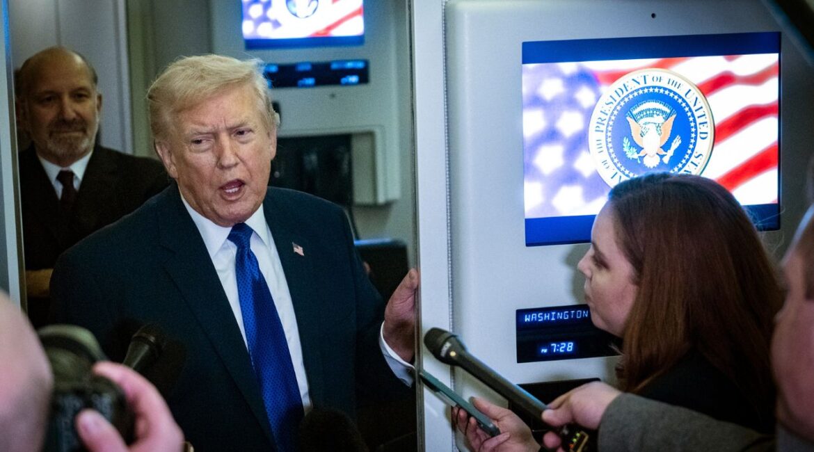 President Donald Trump speaks to reporters aboard Air Force One, en route to Palm Beach, Fla., on Friday, Feb. 6, 2026. Trump told reporters here that talks with Iran were off to a “good start,” and that he was in “no rush” to make a deal. Iran, he said, would have to agree to “no nuclear weapons.” (Pete Maravich/The New York Times)