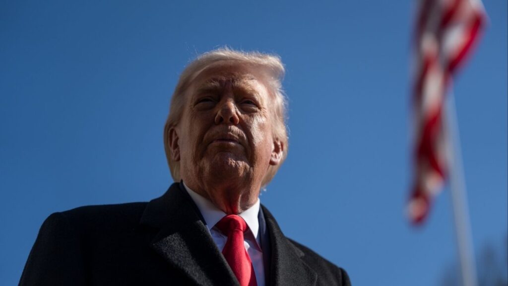 President Donald Trump speaks to reporters as he departs the White House in Washington, Feb. 13, 2026. Documents released by the Justice Department briefly mention a woman’s unverified accusation that Trump assaulted her in the 1980s, when she was a minor. But several memos related to her account are not in the files. (Tierney L. Cross/The New York Times)