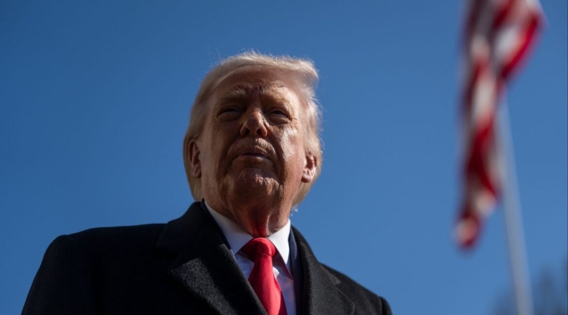 President Donald Trump speaks to reporters as he departs the White House in Washington, Feb. 13, 2026. Documents released by the Justice Department briefly mention a woman’s unverified accusation that Trump assaulted her in the 1980s, when she was a minor. But several memos related to her account are not in the files. (Tierney L. Cross/The New York Times)