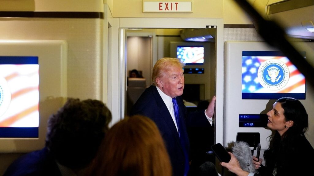 President Donald Trump speaks to reporters onboard Air Force One, on travel from West Palm Beach, Florida, to Joint Base Andrews, Maryland, U.S., February 16, 2026. (Reuters/Elizabeth Frantz)