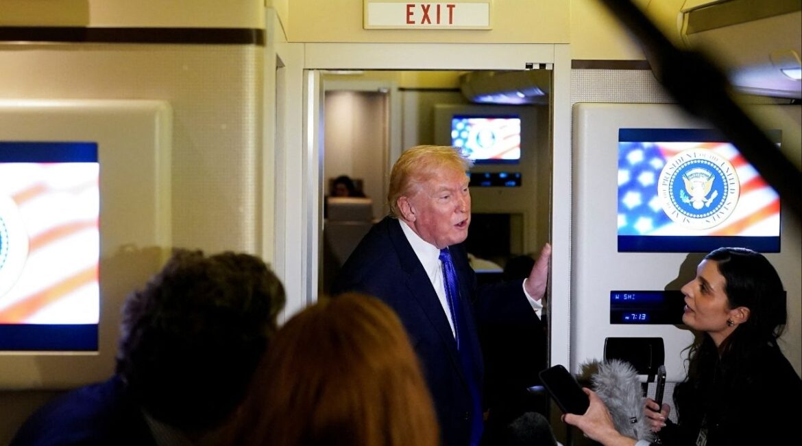 President Donald Trump speaks to reporters onboard Air Force One, on travel from West Palm Beach, Florida, to Joint Base Andrews, Maryland, U.S., February 16, 2026. (Reuters/Elizabeth Frantz)