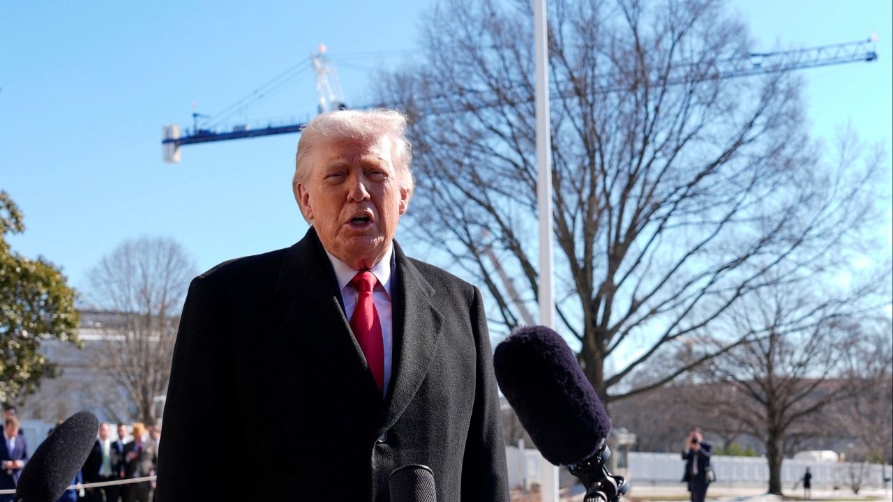 President Donald Trump speaks with the press before departing from the South Lawn at the White House in Washington, D.C., U.S., February 13, 2026. (Reuters/Kent Nishimura)
