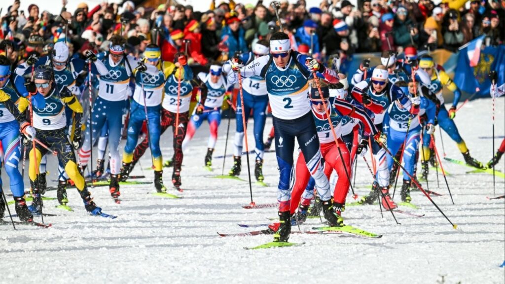 Quentin Fillon Maillet (2) of France competes during the men’s biathlon 15-km mass start at the Anterselva Biathlon Arena in Antholz-Anterselva, Italy, on Friday, Feb. 20, 2026. Millon Maillet won the bronze medal in the event. (James Hill/The New York Times)