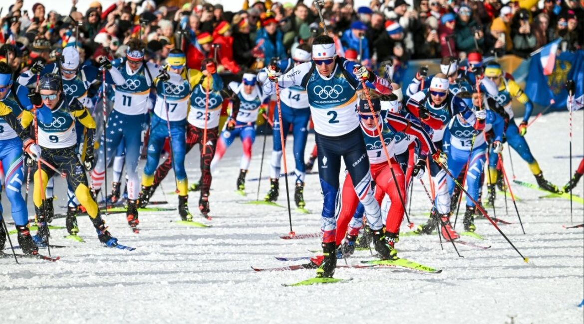 Quentin Fillon Maillet (2) of France competes during the men’s biathlon 15-km mass start at the Anterselva Biathlon Arena in Antholz-Anterselva, Italy, on Friday, Feb. 20, 2026. Millon Maillet won the bronze medal in the event. (James Hill/The New York Times)