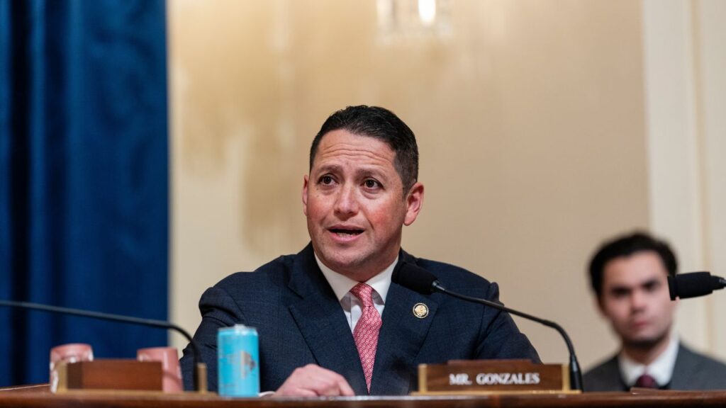 Rep. Tony Gonzales (R-Texas) speaks during a hearing before the House Homeland Security Committee at the Cannon House Office Building in Washington, Feb. 10, 2026. Gonzales’ aide told a co-worker about an affair before killing herself. The co-worker, who no longer works for the Representative, shared screenshots of the text exchange with The New York Times, and Gonzales accused his Republican primary challenger f being behind the revelation. (Eric Lee/ The New York Times)
