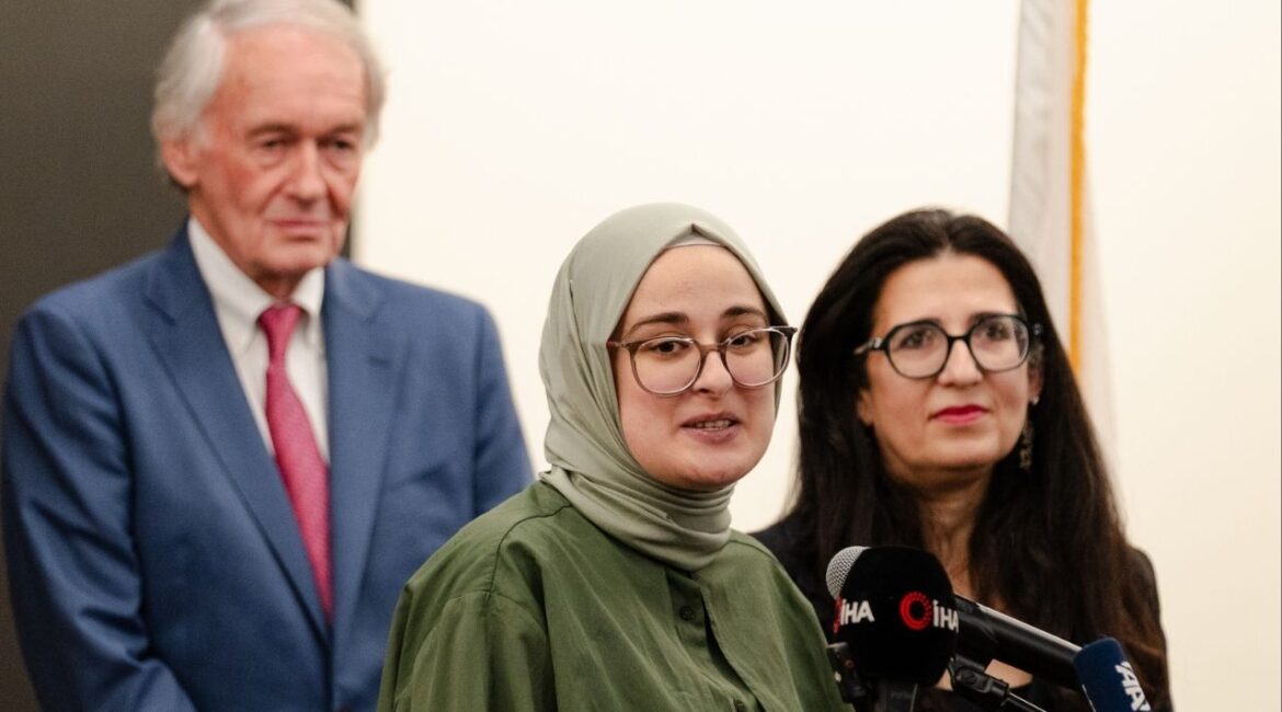 Rumeysa Ozturk speaks during a news conference with her legal team at Boston Logan Airport in Boston, May 10, 2025. An immigration judge has found there were no grounds to deport a Turkish graduate student whose arrest by masked agents last year was an early salvo in the Trump Administration’s crackdown on migrants. (Sophie Park/The New York Times)