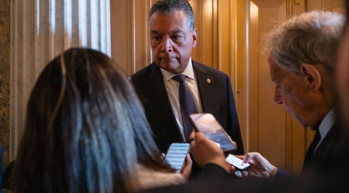 Sen. Alex Padilla (D-Calif.), who is scheduled to deliver the Democratic Party’s Spanish-language rebuttal to President Trump’s State of the Union address, speaks to reporters at the Capitol in Washington on May 14, 2025. The son of Mexican immigrants and the first Latino senator from California, Padilla drew national headlines last year when federal agents forced him to the floor and handcuffed him after he tried to question Kristi Noem, the homeland security secretary, at a news conference. (Eric Lee/The New York Times)