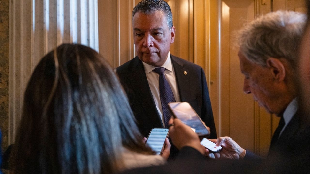 Sen. Alex Padilla (D-Calif.), who is scheduled to deliver the Democratic Party’s Spanish-language rebuttal to President Trump’s State of the Union address, speaks to reporters at the Capitol in Washington on May 14, 2025. The son of Mexican immigrants and the first Latino senator from California, Padilla drew national headlines last year when federal agents forced him to the floor and handcuffed him after he tried to question Kristi Noem, the homeland security secretary, at a news conference. (Eric Lee/The New York Times)