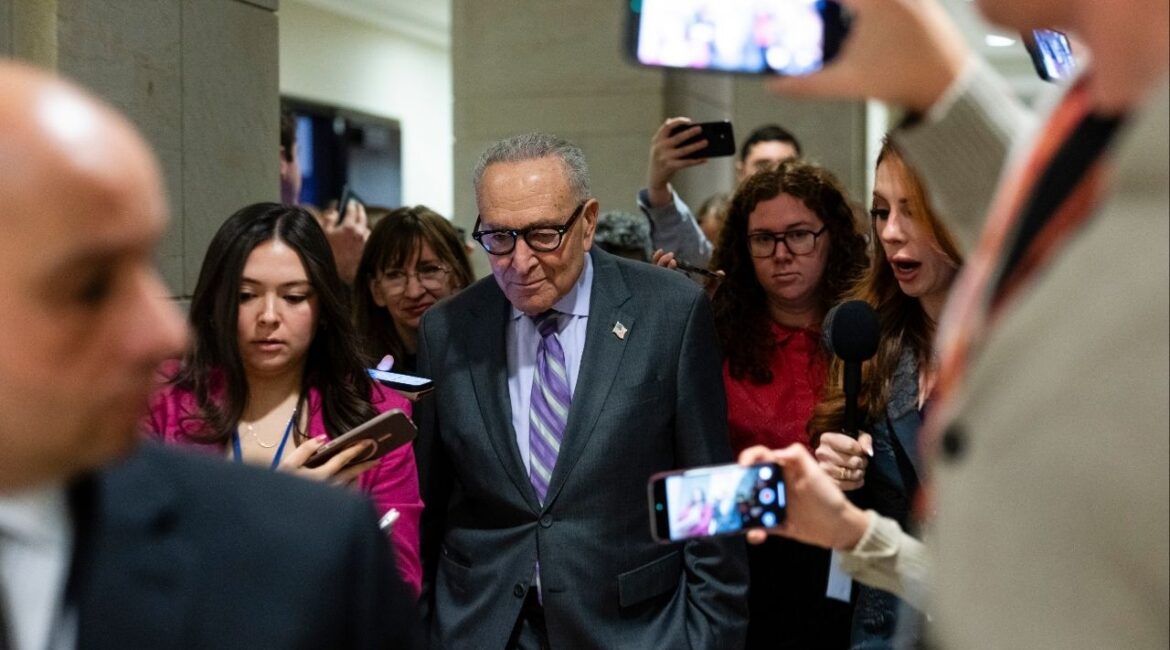 Senate Minority Leader Chuck Schumer (D-N.Y.) speaks to reporters as he departs a news conference on Capitol Hill in Washington, Feb. 4, 2026. Democrats said they could not support continued funding for the Department of Homeland Security without new guardrails. (Eric Lee/The New York Times)