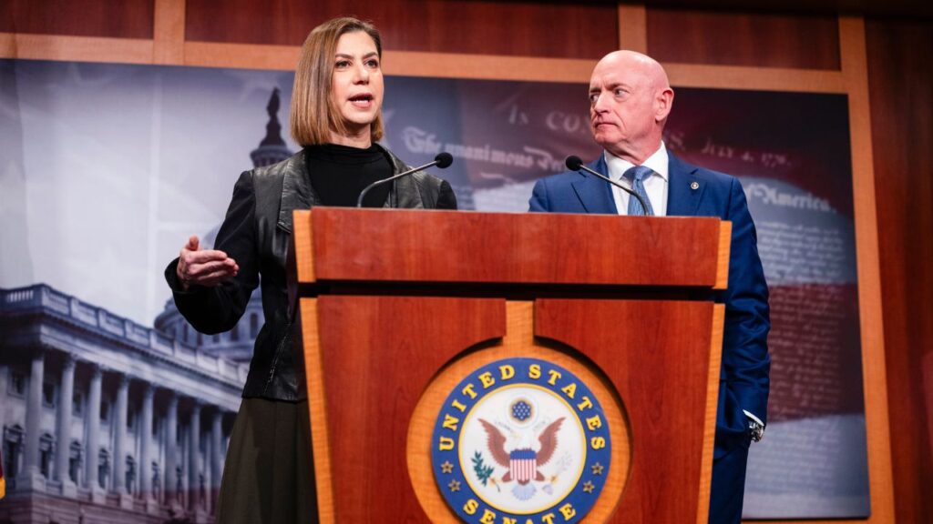 Sens. Elissa Slotkin (D-Mich.) and Mark Kelly (D.Ariz.) speak during a news conference about the failed indictment against themselves and four other Democratic lawmakers for a video reminding troops that they could refuse illegal orders on Capitol Hill in Washington, Feb. 11, 2026. Prosecutors have been repeatedly caught between the president’s insistence that they undertake weak or baseless cases and the necessity of having to go to court. (Eric Lee/ The New York Times)