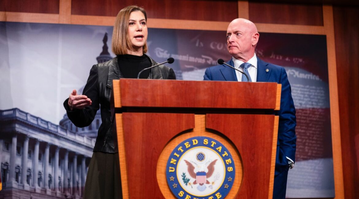 Sens. Elissa Slotkin (D-Mich.) and Mark Kelly (D.Ariz.) speak during a news conference about the failed indictment against themselves and four other Democratic lawmakers for a video reminding troops that they could refuse illegal orders on Capitol Hill in Washington, Feb. 11, 2026. Prosecutors have been repeatedly caught between the president’s insistence that they undertake weak or baseless cases and the necessity of having to go to court. (Eric Lee/ The New York Times)