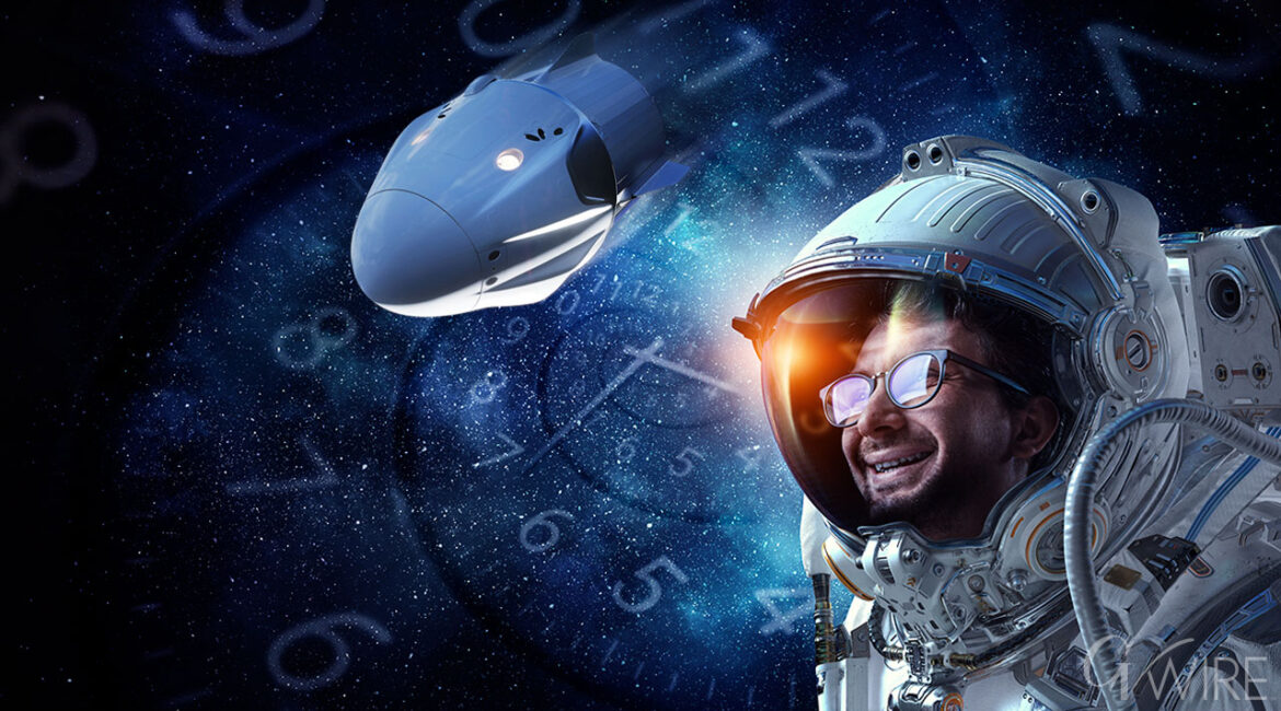 An astronaut in space looks at his "both time and space capsule" spacecraft in a stellar dream that reflects the lives of four ordinary friends