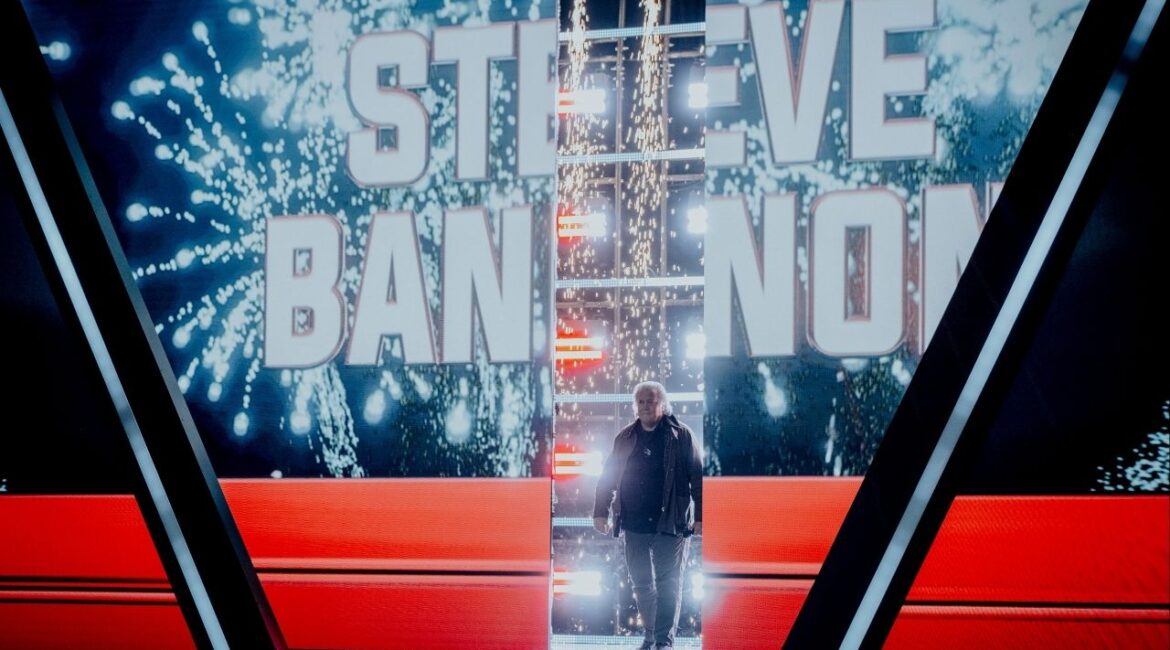 Steve Bannon takes the stage at Turning Point’s America Fest in Phoenix, Dec. 19, 2025. Bannon has remained a luminary in the MAGA movement he helped originate, and has been a regular speaker at events hosted by the conservative organization Turning Point. (Jordan Gale/The New York Times)