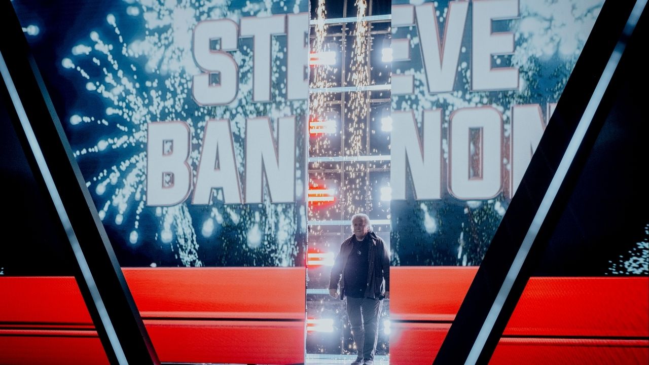 Steve Bannon takes the stage at Turning Point’s America Fest in Phoenix, Dec. 19, 2025. Bannon has remained a luminary in the MAGA movement he helped originate, and has been a regular speaker at events hosted by the conservative organization Turning Point. (Jordan Gale/The New York Times)