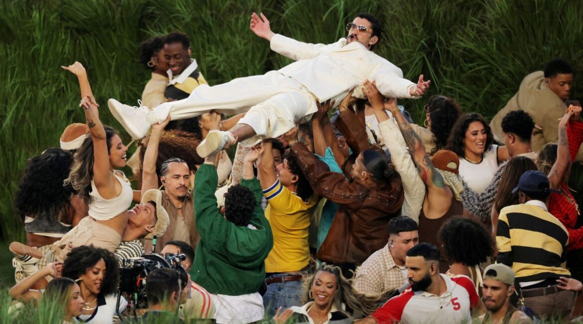 Super Bowl LX - Half-Time Show - New England Patriots v Seattle Seahawks - Levi's Stadium, Santa Clara, California, United States - February 8, 2026 Bad Bunny performs during the halftime show (Reuters/Carlos Barria/File Photo)