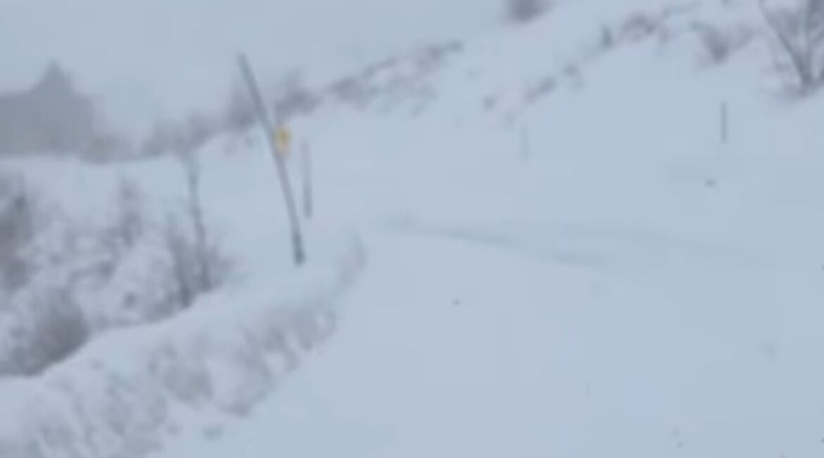 The California Highway Patrol cautioned drivers Thursday that a six-mile stretch of Highway 168 near Shaver Lake is experiencing heavy snow and gusty winds, creating near-whiteout conditions and requiring chains and slow, careful driving. (CHP)