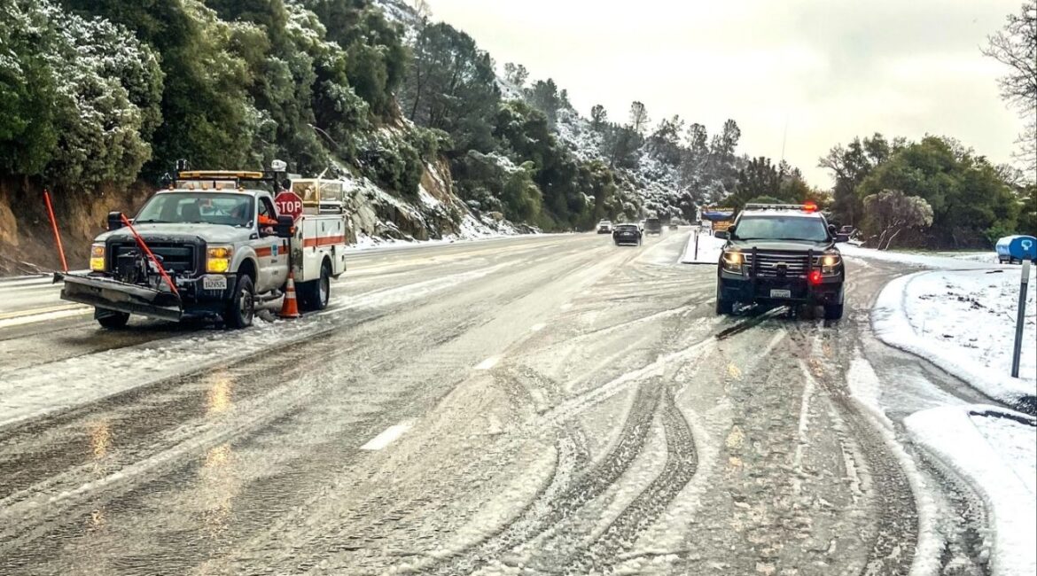 The California Highway Patrol has implemented chain control on Highway 168 near Lower Vista at about 1,500 feet elevation and is urging drivers to practice installing tire chains before heading into snowy mountain conditions.