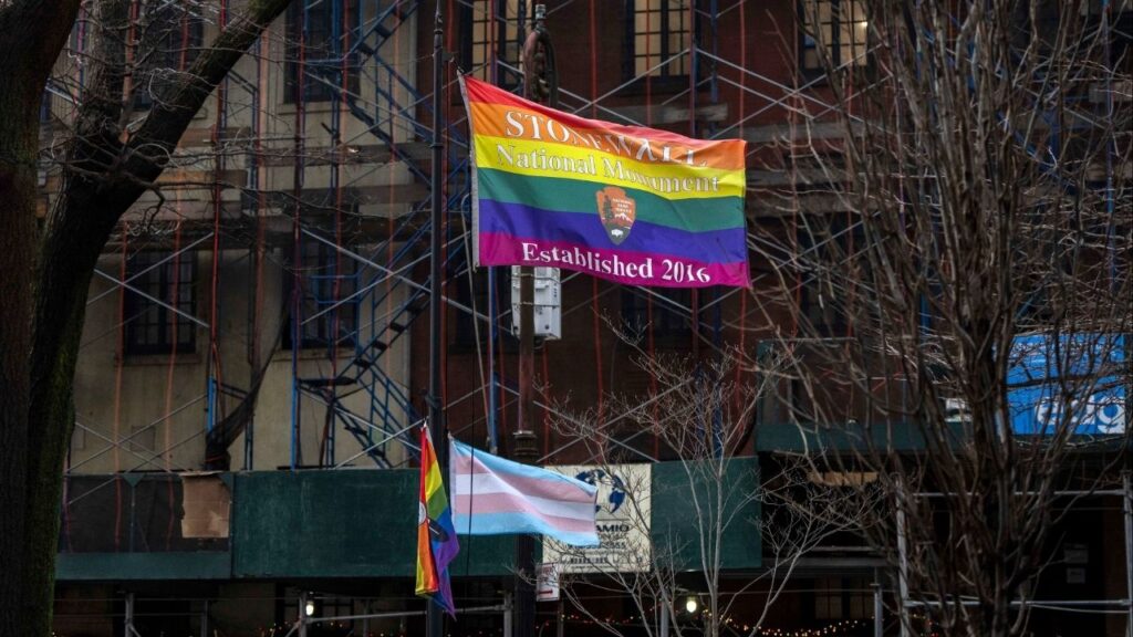 The Stonewall Inn and Stonewall National Monument in New York, Feb. 13, 2025. A large Pride flag was quietly removed from the Stonewall National Monument in Manhattan after a directive from the federal government, the latest step in the Trump administration’s nationwide assault on diversity initiatives and the second time in less than a year it has targeted the Greenwich Village site, which commemorates the birth of the LGTBQ rights movement. (Hiroko Masuike/The New York Times)