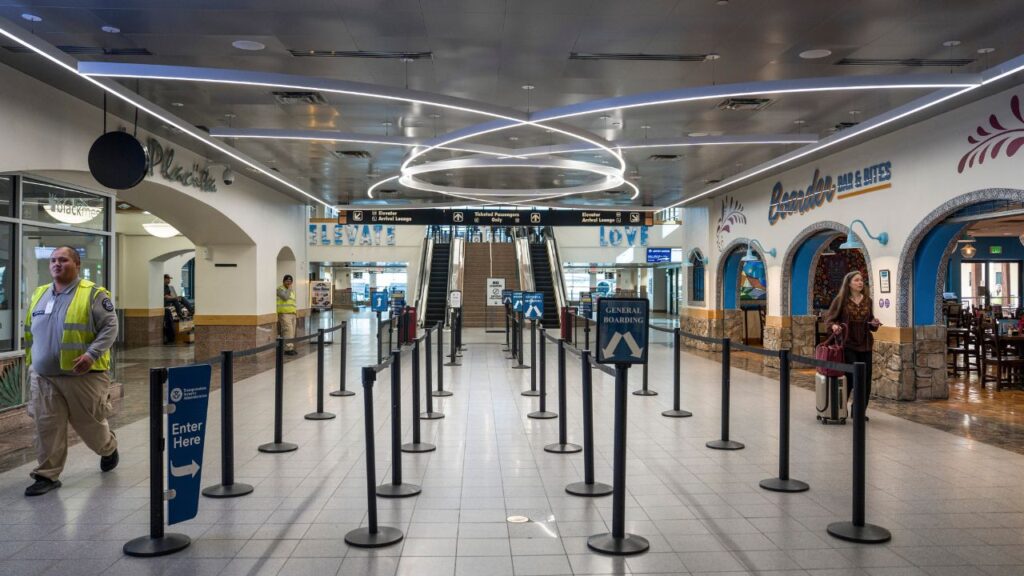 The entrance to the TSA security area after the abrupt closing and reopening of El Paso International Airport in El Paso, Texas, Feb. 11, 2026. The Federal Aviation Administration, citing the “grave risk of fatalities” from a new technology being used on the Mexican border, was caught in a stalemate with the Pentagon, which deemed it “necessary.” (Paul Ratje/ The New York Times)