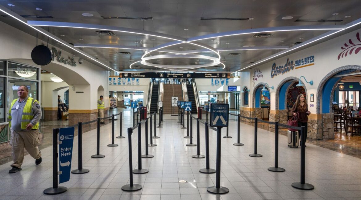 The entrance to the TSA security area after the abrupt closing and reopening of El Paso International Airport in El Paso, Texas, Feb. 11, 2026. The Federal Aviation Administration, citing the “grave risk of fatalities” from a new technology being used on the Mexican border, was caught in a stalemate with the Pentagon, which deemed it “necessary.” (Paul Ratje/ The New York Times)