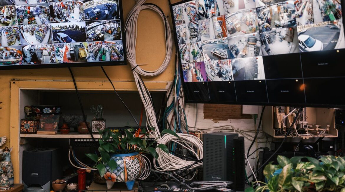The extensive security camera system at a Mexican goods store in Hillsboro, Ore., where county deputies and local police had a tense encounter with federal immigration agents, Feb. 5, 2026. Far from the national spotlight, smaller towns and exurban communities are dealing with President Donald Trump’s expanding mass deportation effort, and the effects can be acute. (Jordan Gale/ The New York Times)