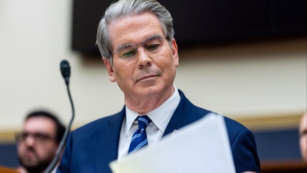 Treasury Secretary Scott Bessent appears before the House Financial Services Committee in Washington on Wednesday, Feb. 4, 2026. Bessent, asked about the fall in the price of Bitcoin this week, said the government could not try to stop the decline by ordering banks to buy Bitcoin. (Eric Lee/The New York Times)