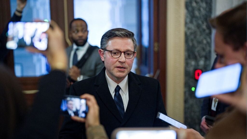 U.S. House Speaker Mike Johnson (R-LA ) speaks with reporters as he departs meeting with members of the House Rules Committee, at the U.S. Capitol on day three of a partial government shutdown in Washington, D.C., U.S., February 2, 2026. (Reuters/Al Drago)