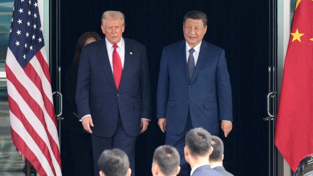U.S. President Donald Trump and Chinese President Xi Jinping walk as they leave after a bilateral meeting at Gimhae International Airport, on the sidelines of the Asia-Pacific Economic Cooperation (APEC) summit, in Busan, South Korea, October 30, 2025. (Reuters/Evelyn Hockstein/File Photo)