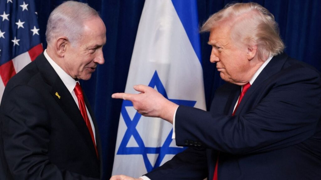 U.S. President Donald Trump points his finger towards Israeli Prime Minister Benjamin Netanyahu as they shake hands during a press conference after meeting at Trump’s Mar-a-Lago club in Palm Beach, Florida, U.S., December 29, 2025. (Reuters/Jonathan Ernst)