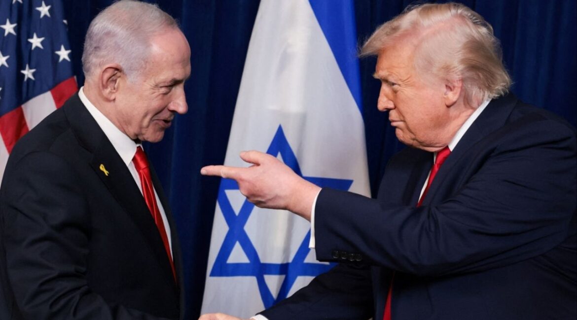 U.S. President Donald Trump points his finger towards Israeli Prime Minister Benjamin Netanyahu as they shake hands during a press conference after meeting at Trump’s Mar-a-Lago club in Palm Beach, Florida, U.S., December 29, 2025. (Reuters/Jonathan Ernst)