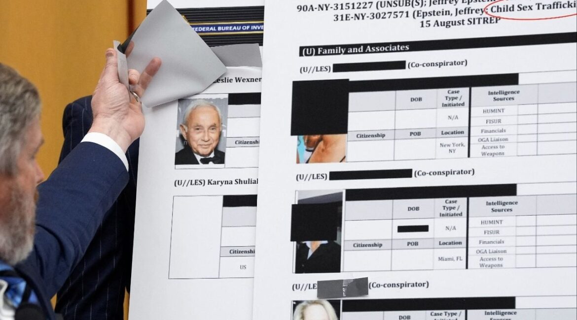 U.S. Representative Thomas Massie (R-KY) lifts a piece of paper on a board displaying a Federal Bureau of Investigation (FBI) document, revealing an image of businessman Les Wexner, while questioning U.S. Attorney General Pam Bondi during a House Judiciary Committee hearing on oversight of the Justice Department, on Capitol Hill in Washington, D.C., U.S., February 11, 2026. (Reuters/Kent Nishimura)