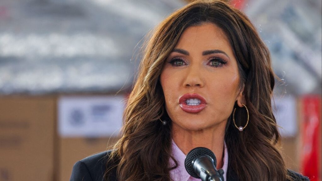 U.S. Secretary of Homeland Security Kristi Noem holds a press conference to provide an update on border security and drug seizures along the U.S. Mexico border, accompanied by U.S. Border Patrol Chief Michael Banks and a Customs and Border Protection official (not pictured), in Otay Mesa, San Diego, California, U.S., February 12, 2026. (Reuters/Mike Blake)