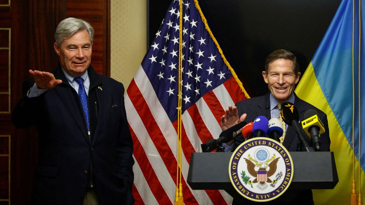 U.S. Senators Richard Blumenthal (D-CT) and Sheldon Whitehouse (D-RI) speak to the media after their meeting with Ukraine's President Volodymyr Zelenskiy, amid Russia's attack on Ukraine, in Kyiv, Ukraine February 16, 2026. (Reuters/Valentyn Ogirenko)