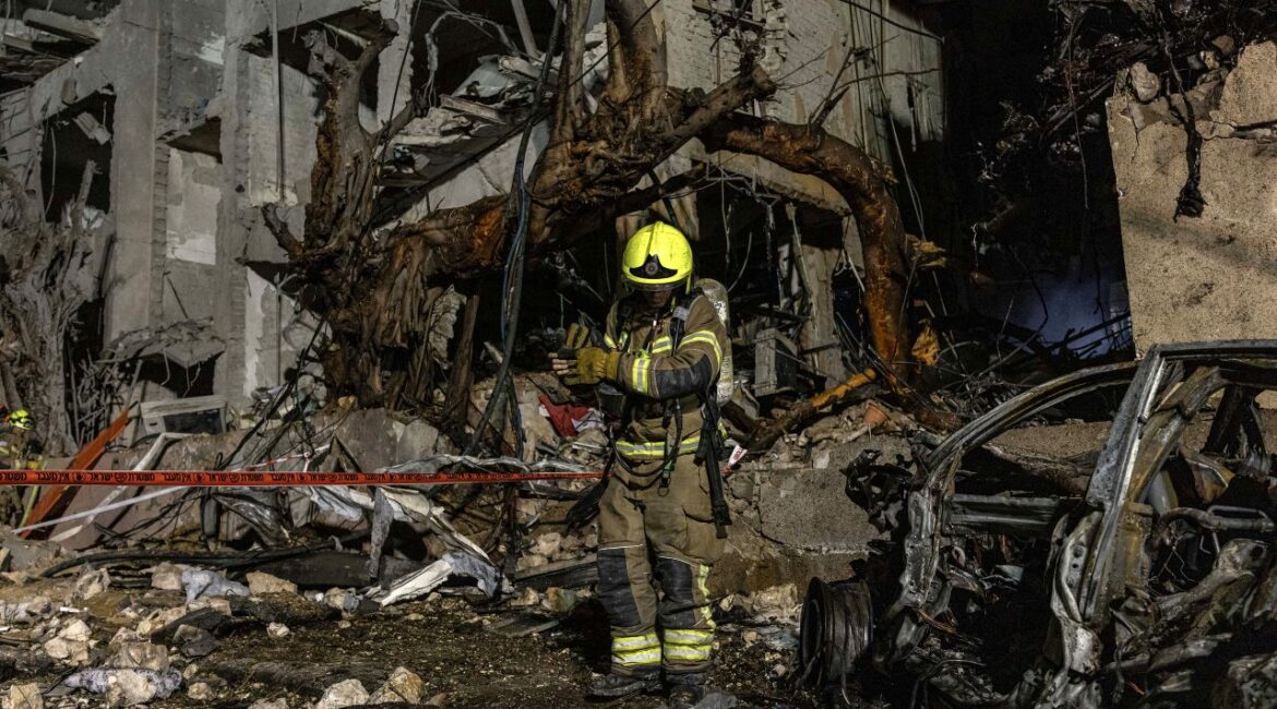 Image of devastation by an Iranian missile strike in Tel Aviv, Israel