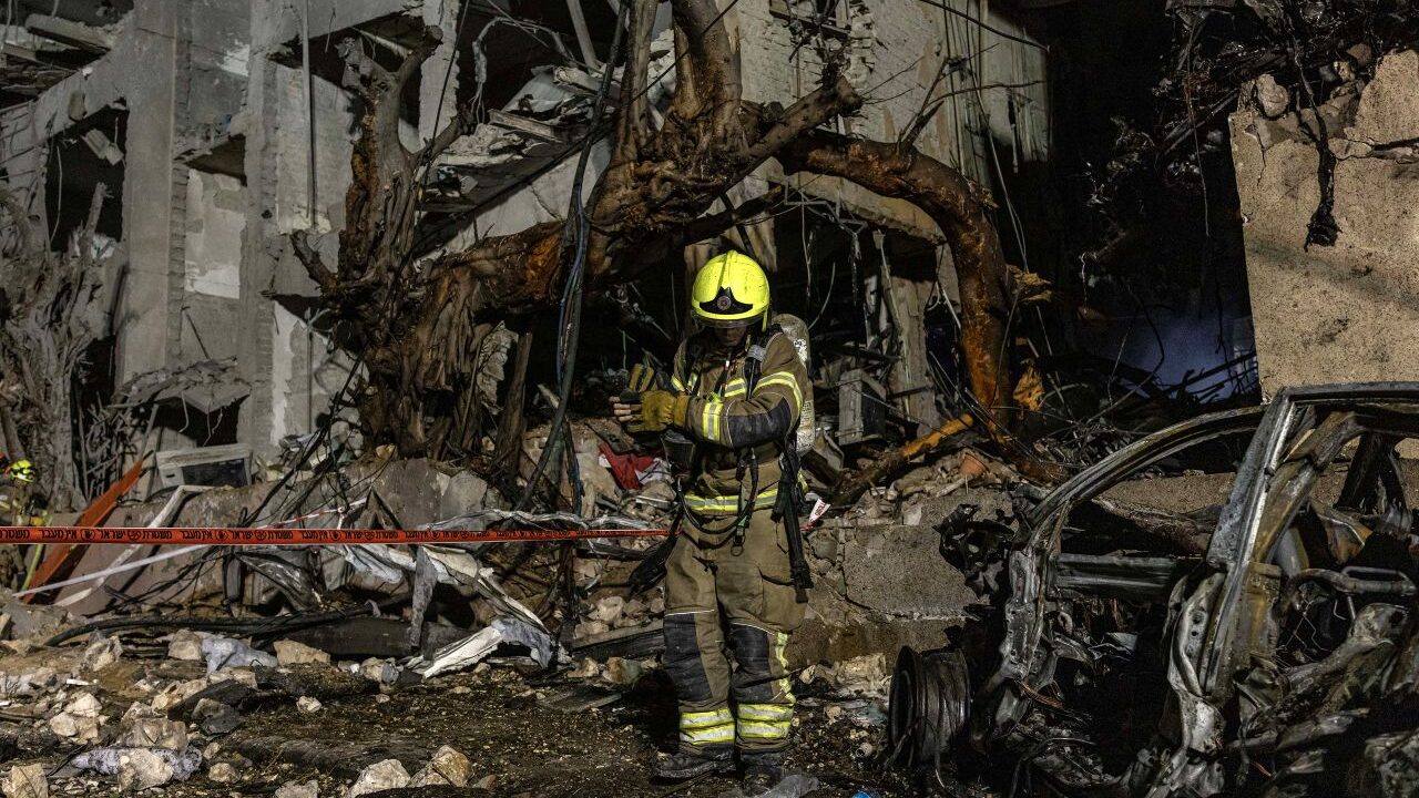 Image of devastation by an Iranian missile strike in Tel Aviv, Israel