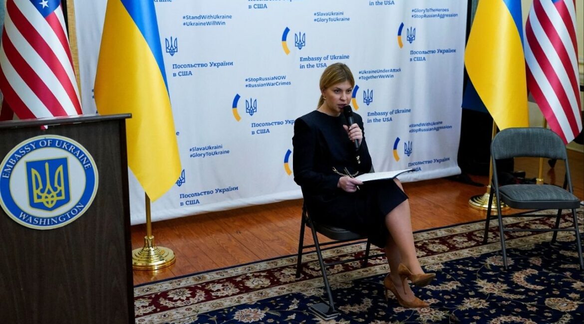 Ukraine's Ambassador to the U.S., Olga Stefanishyna, holds a briefing on the fourth anniversary of Russia's full-scale invasion of Ukraine at the Ukrainian embassy in Washington, D.C., U.S., February 24, 2026. (Reuters/Elizabeth Frantz)