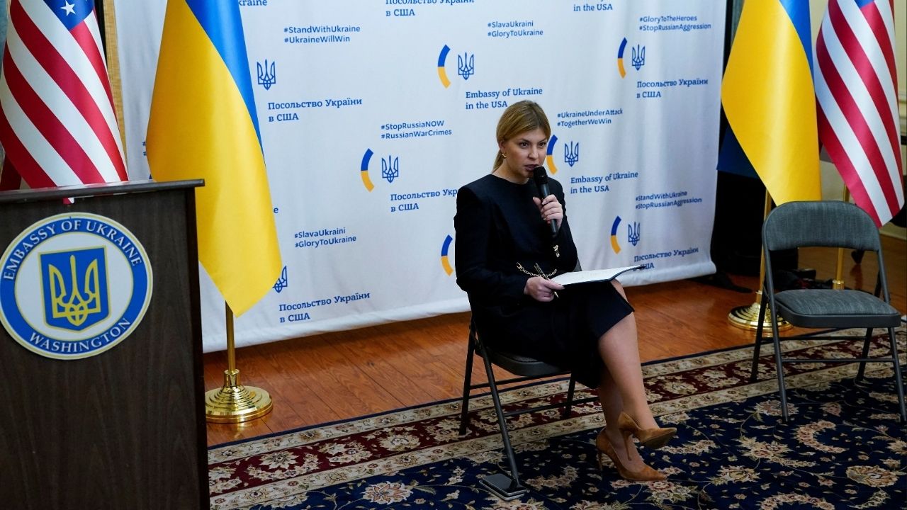Ukraine's Ambassador to the U.S., Olga Stefanishyna, holds a briefing on the fourth anniversary of Russia's full-scale invasion of Ukraine at the Ukrainian embassy in Washington, D.C., U.S., February 24, 2026. (Reuters/Elizabeth Frantz)