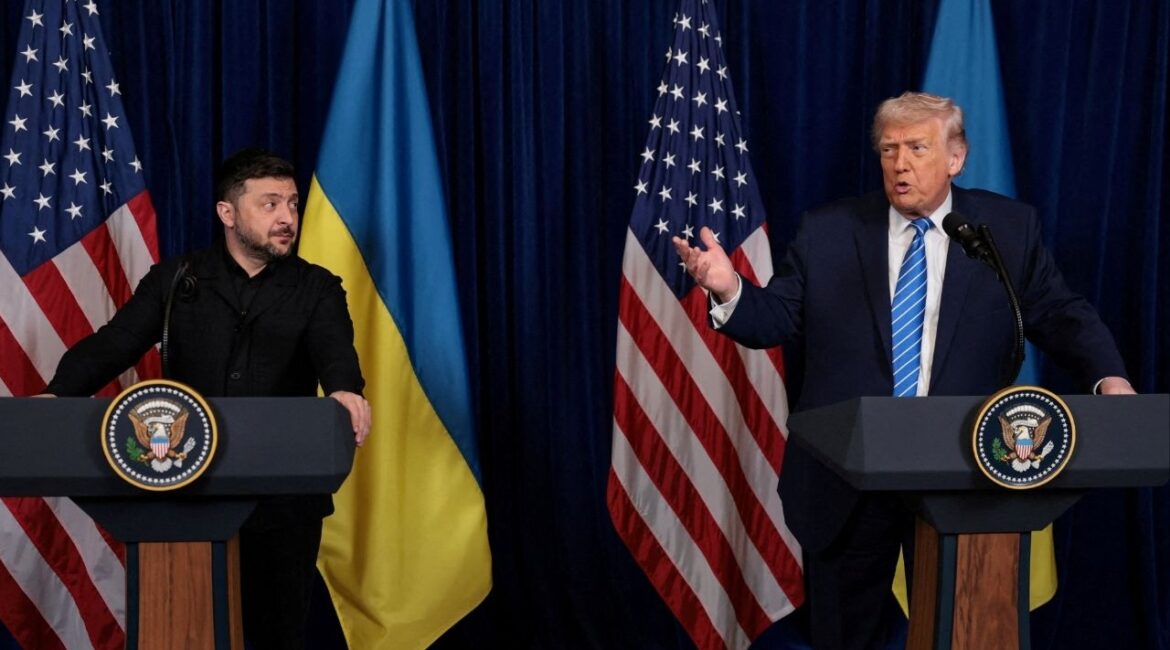 Ukrainian President Volodymyr Zelenskiy listens to U.S. President Donald Trump, after Trump said that Russian President Vladimir Putin expressed willingness to help Ukraine "succeed", during a press conference at Trump's Mar-a-Lago club, in Palm Beach, Florida, U.S., December 28, 2025. (Reuters/Jonathan Ernst)