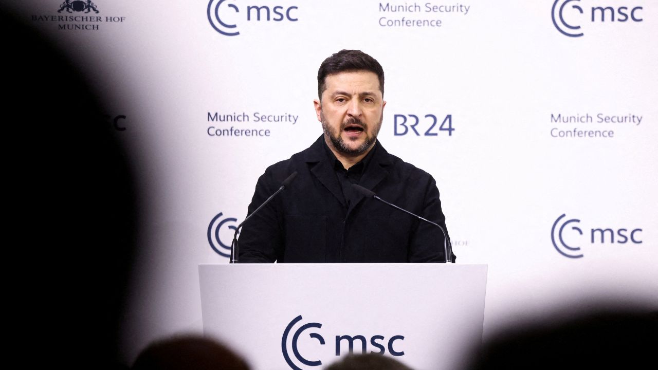 Ukrainian President Volodymyr Zelenskiy speaks during the Munich Security Conference (MSC) in Munich, Germany, February 14, 2026. (Reuters/Liesa Johannssen)