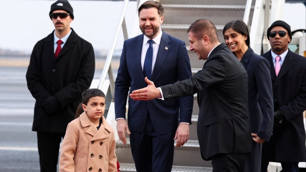 Vice President JD Vance, second lady Usha Vance, along with their children Mirabel and Vivek, walk from Air Force Two as they arrive, in Yerevan, Armenia, February 9, 2026. (Reuters/Kevin Lamarque/Pool)